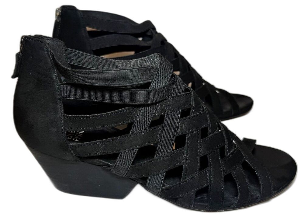 Eileen Fisher Oodle Black Nubuck Leather Cage Wedge Sandals Back Zip Size 8